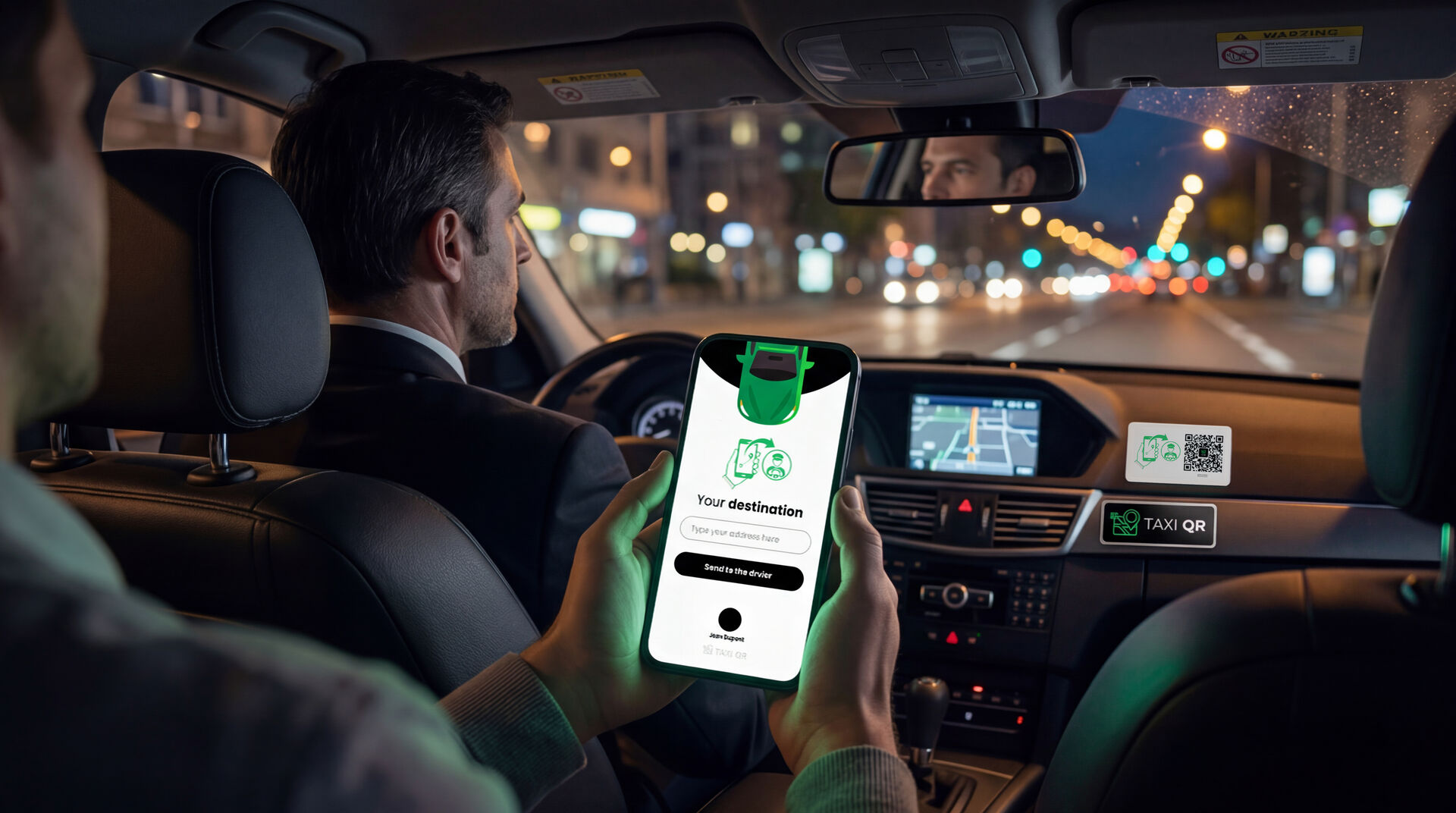 Passager scannant un QR code TaxiQR dans un taxi